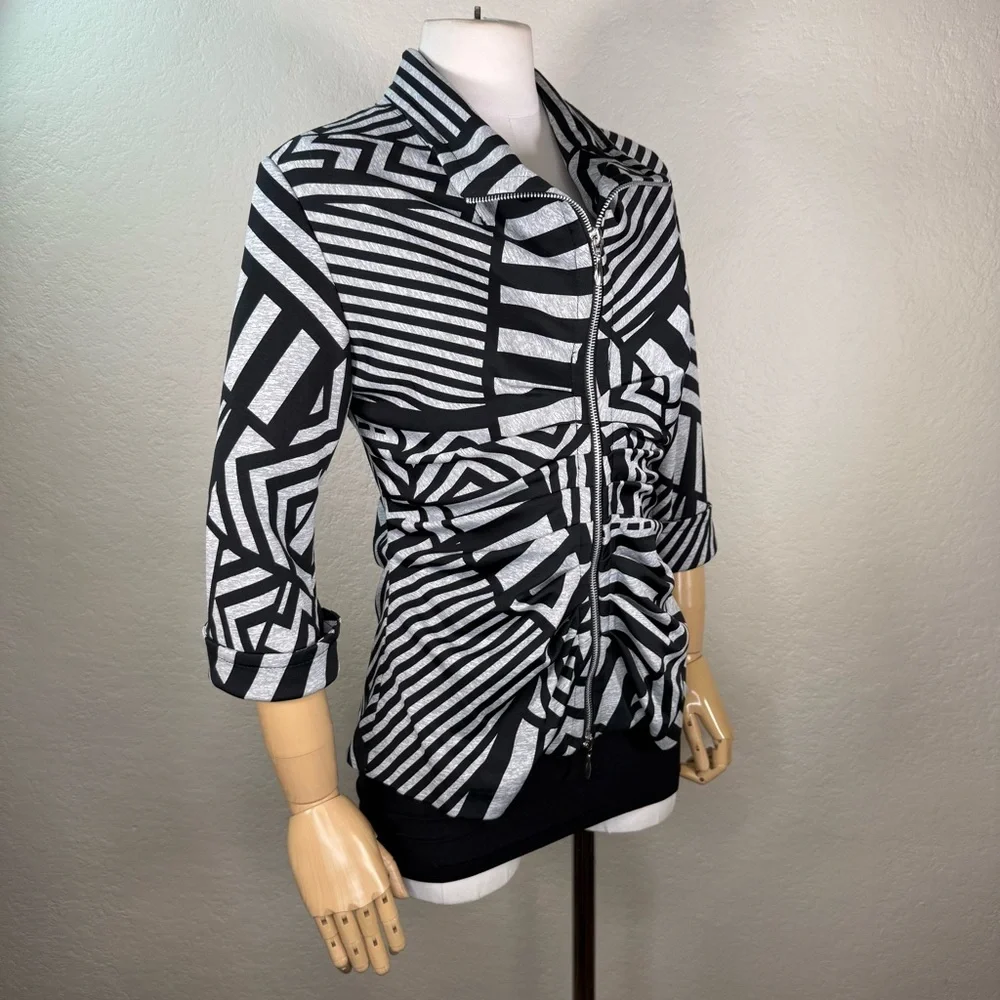 Joseph Ribkoff Geometric Ruched Striped Fitted Zip Blazer Light Jacket SZ 10 EUC